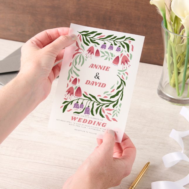 Colourful boho retro branches and flowers wedding vellum invitations (Handheld)