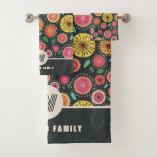 Colourful Boho Scandi Folk Floral Family Name  Bath Towel Set