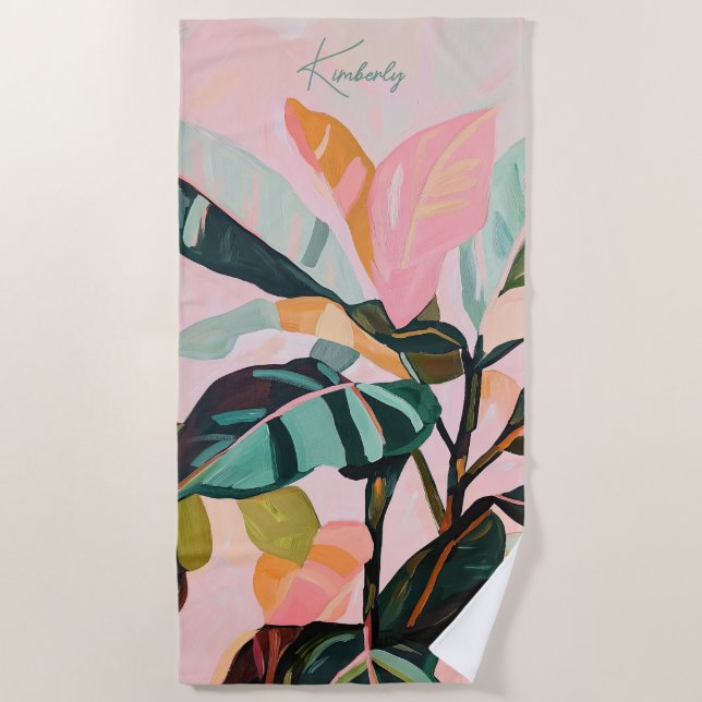 Colourful Boho Tropical Foliage Palm Custom Name Beach Towel (Front)