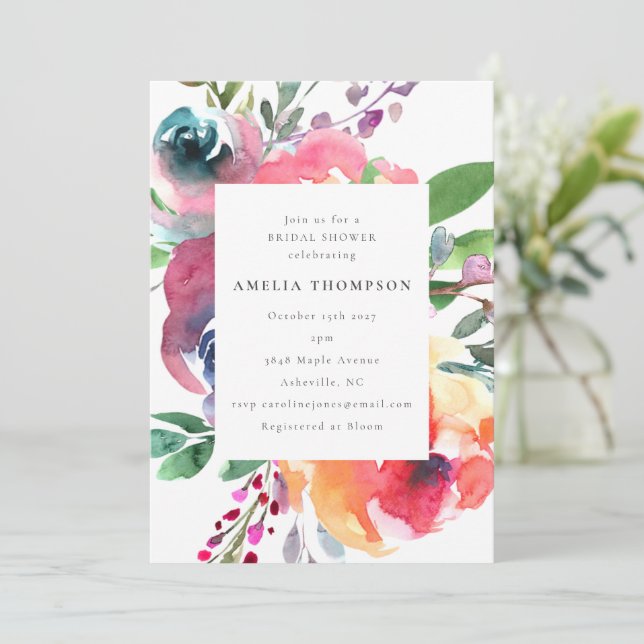 Colourful Boho Watercolor Floral Bridal Shower Invitation (Standing Front)