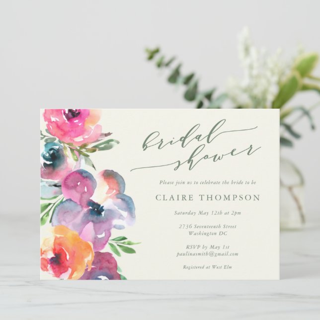 Colourful Boho Watercolor Flowers Bridal Shower Invitation (Standing Front)