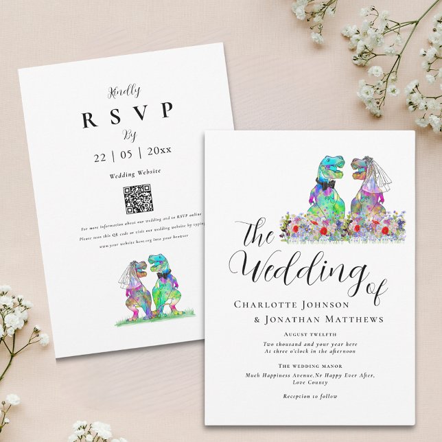 Colourful Boho Wildflower Dinosaur Theme Wedding Invitation (Elegant wildflower dinosaur wedding invitation with watercolor florals and qr code)