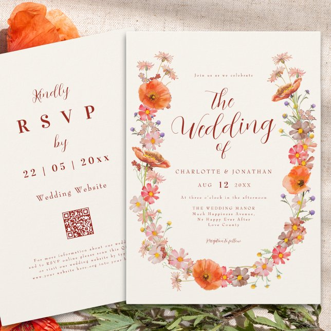 Colourful Boho Wildflower Fall Wedding Invitation (Elegant Boho wildflower wedding qr code invitation )