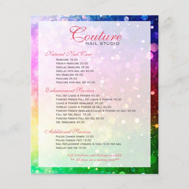 Colourful Bokeh Glitter Menu List (Front)