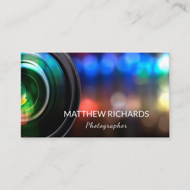 Colourful Bokeh SLR Camera Lens Photography Servic Business Card (Front)