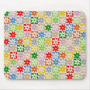 Colourful Bold Aesthetic Chequered Flower Pattern Mouse Pad