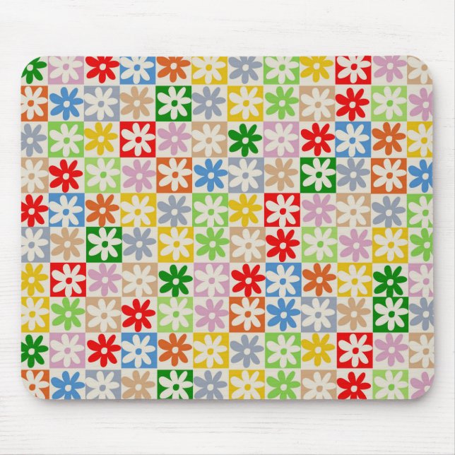 Colourful Bold Aesthetic Chequered Flower Pattern Mouse Pad (Front)