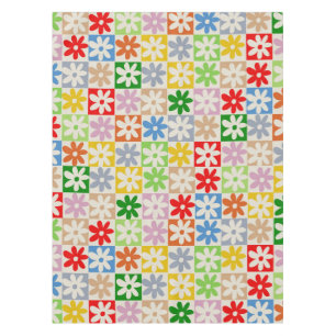 Colourful Bold Aesthetic Chequered Flower Pattern Tablecloth