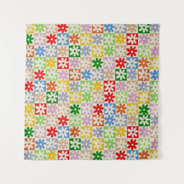Colourful Bold Aesthetic Chequered Flower Pattern Tapestry (Front)