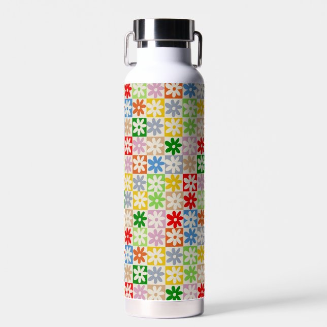 Colourful Bold Aesthetic Chequered Flower Pattern Water Bottle (Front)