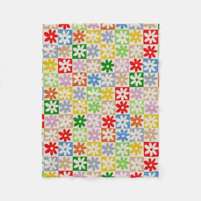Colourful Bold Chequered Flower Y2K Pattern Fleece Blanket (Front)