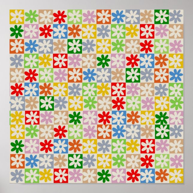 Colourful Bold Chequered Flower Y2K Pattern Poster (Front)
