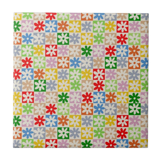 Colourful Bold Chequered Flower Y2K Pattern Tile (Front)
