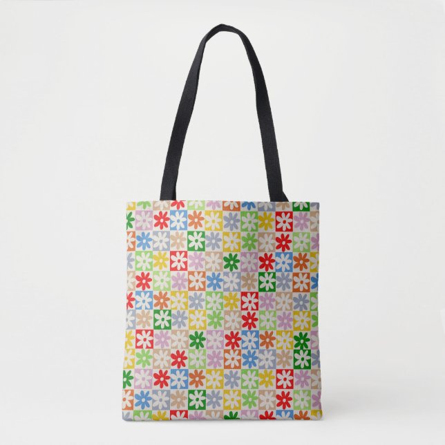 Colourful Bold Chequered Flower Y2K Pattern Tote Bag (Front)
