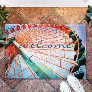 Colourful Bold Ferris Wheel Photo Welcome Script Doormat