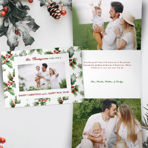 Colourful Bold Festive Christmas Holly Photo Tri-Fold Holiday Card