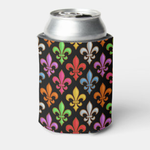 Colourful Bold Fleur-de-lis Flowers Black Can Cooler