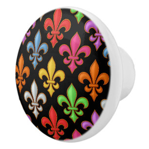 Colourful Bold Fleur-de-lis Flowers Black Ceramic Knob