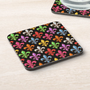 Colourful Bold Fleur-de-lis Flowers Black Coaster
