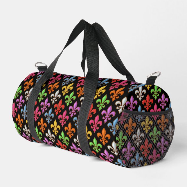 Colourful Bold Fleur-de-lis Flowers Black  Duffle Bag (Right Corner)