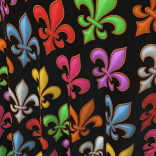 Colourful Bold Fleur-de-lis Flowers Black Fabric