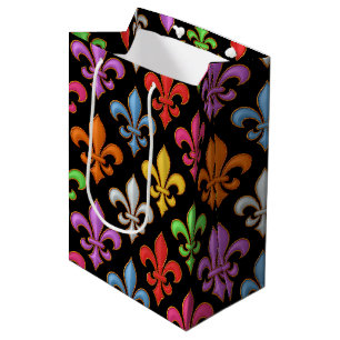 Colourful Bold Fleur-de-lis Flowers Black  Medium Gift Bag