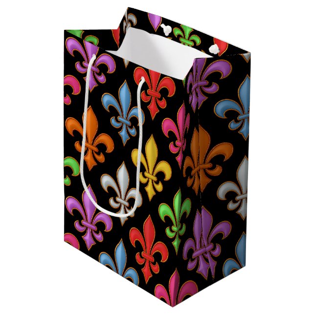 Colourful Bold Fleur-de-lis Flowers Black  Medium Gift Bag (Front Angled)