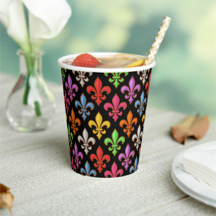 Colourful Bold Fleur-de-lis Flowers Black Paper Cups