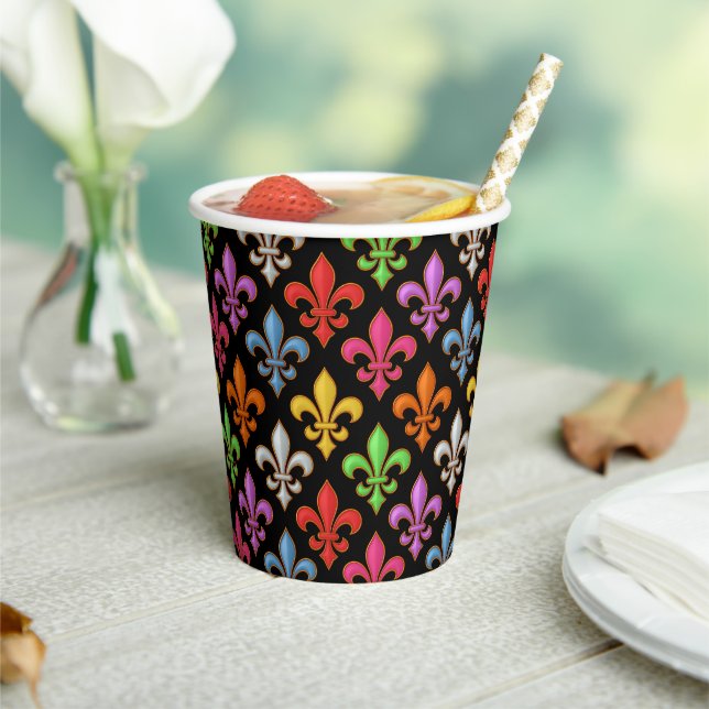 Colourful Bold Fleur-de-lis Flowers Black  Paper Cups (Insitu)