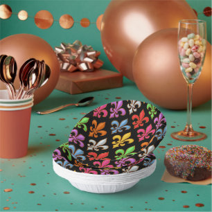 Colourful Bold Fleur-de-lis Flowers Black Paper Plate