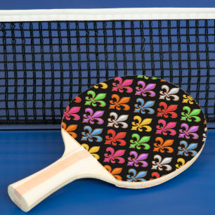 Colourful Bold Fleur-de-lis Flowers Black Ping Pong Paddle