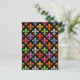 Colourful Bold Fleur-de-lis Flowers Black Postcard