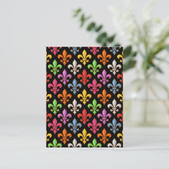 Colourful Bold Fleur-de-lis Flowers Black  Postcard (Standing Front)