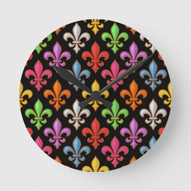 Colourful Bold Fleur-de-lis Flowers Black  Round Clock (Front)
