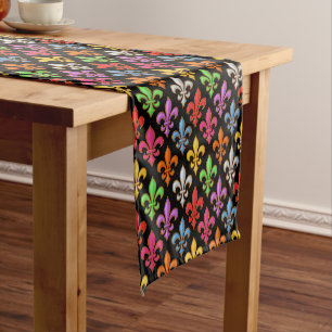 Colourful Bold Fleur-de-lis Flowers Black Short Table Runner
