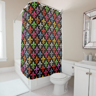 Colourful Bold Fleur-de-lis Flowers Black Shower Curtain