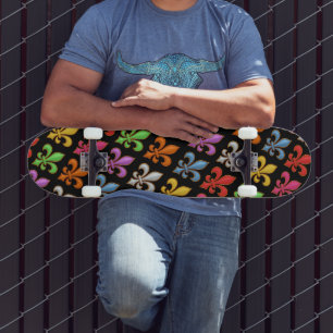 Colourful Bold Fleur-de-lis Flowers Black Skateboard