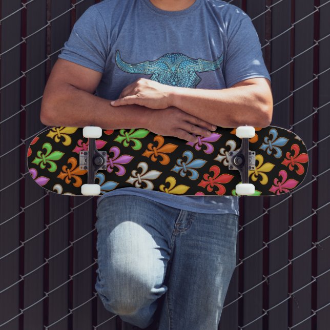 Colourful Bold Fleur-de-lis Flowers Black  Skateboard (Outdoor 3)
