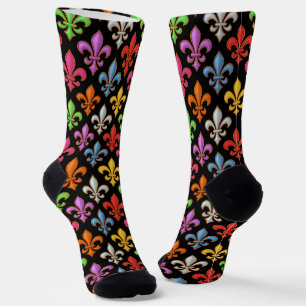 Colourful Bold Fleur-de-lis Flowers Black Socks