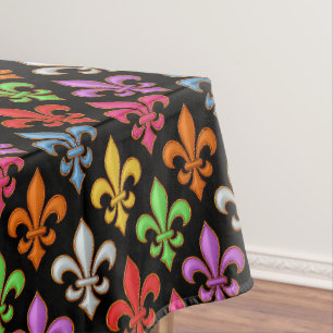 Colourful Bold Fleur-de-lis Flowers Black  Tablecloth