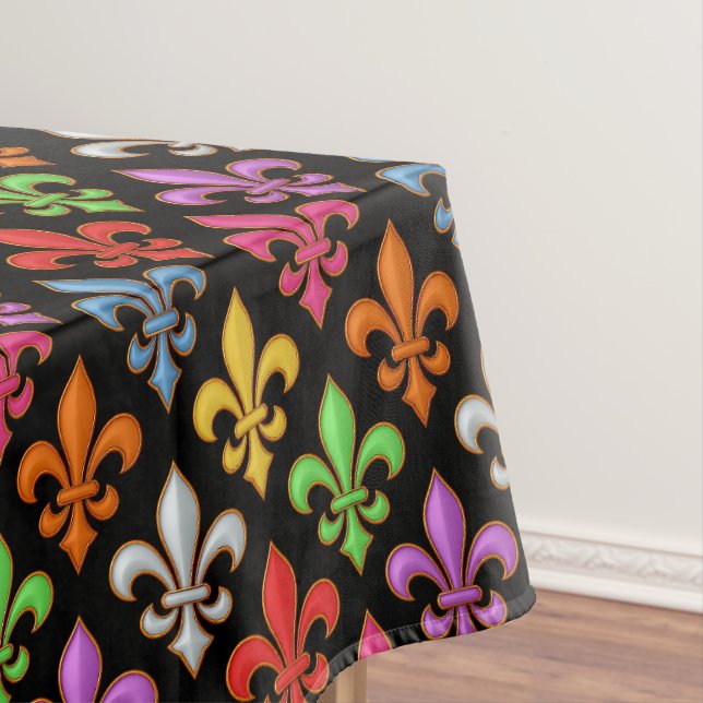 Colourful Bold Fleur-de-lis Flowers Black  Tablecloth (In Situ)