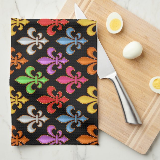 Colourful Bold Fleur-de-lis Flowers Black  Tea Towel (Quarter Fold)
