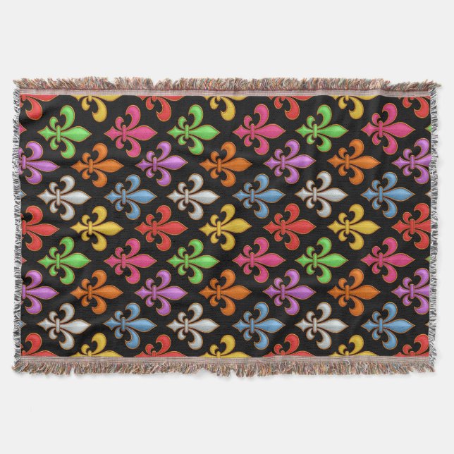 Colourful Bold Fleur-de-lis Flowers Black  Throw Blanket (Front)