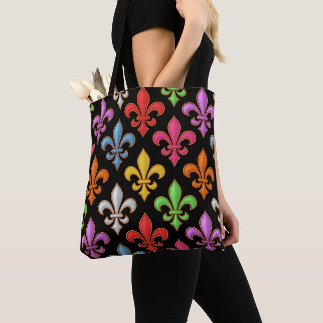 Colourful Bold Fleur-de-lis Flowers Black  Tote Bag (Close Up)
