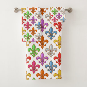 Colourful Bold Fleur-de-lis Flowers White Bath Towel Set