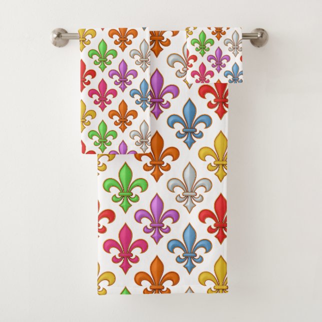 Colourful Bold Fleur-de-lis Flowers White Bath Towel Set (Insitu)
