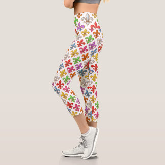 Colourful Bold Fleur-de-lis Flowers White Capri Leggings