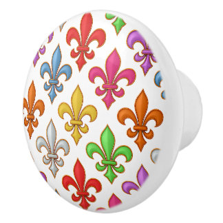 Colourful Bold Fleur-de-lis Flowers White Ceramic Knob