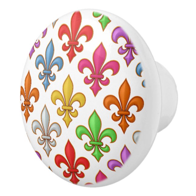 Colourful Bold Fleur-de-lis Flowers White Ceramic Knob (Right)