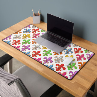 Colourful Bold Fleur-de-lis Flowers White Desk Mat